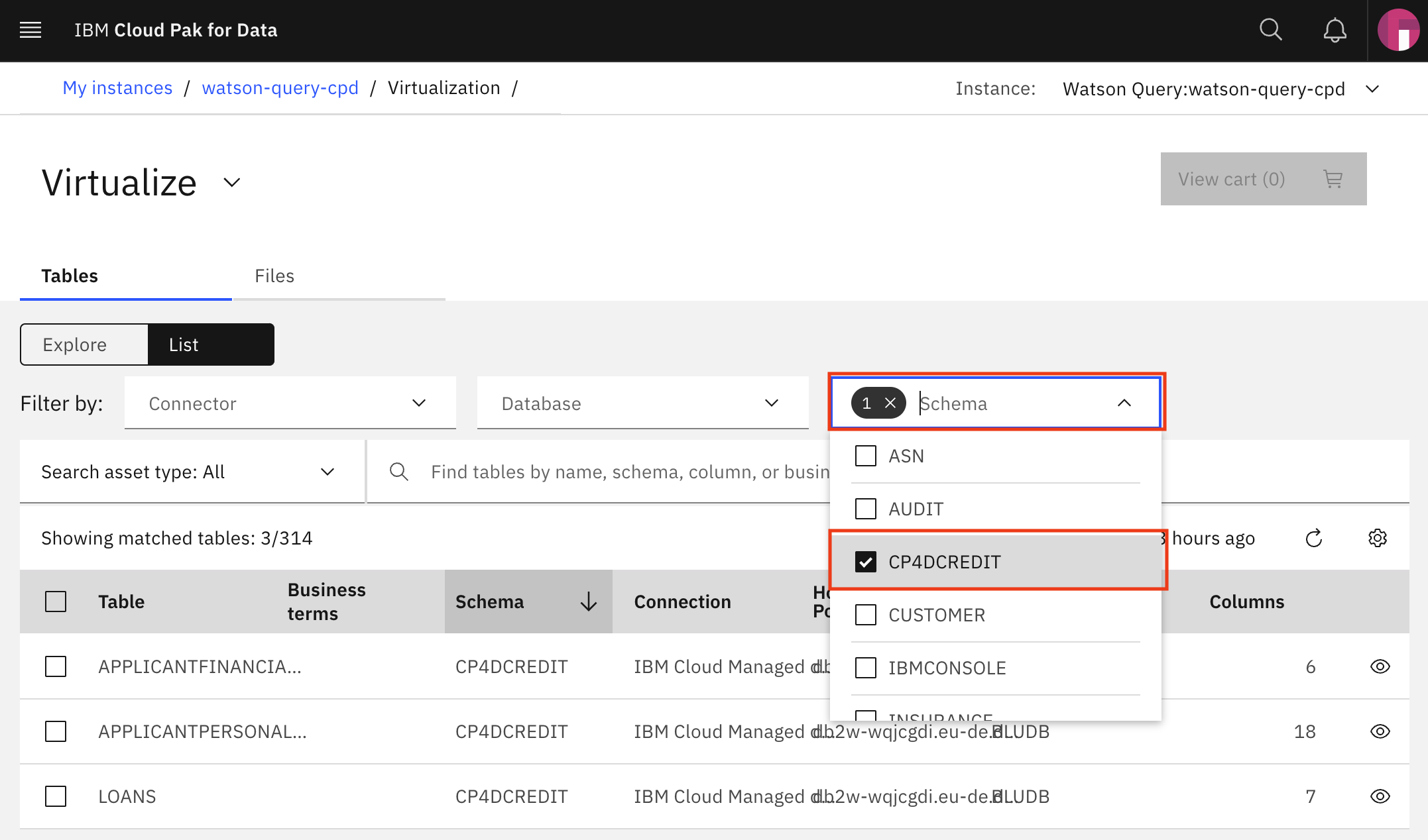 Virtualize - Schema selection