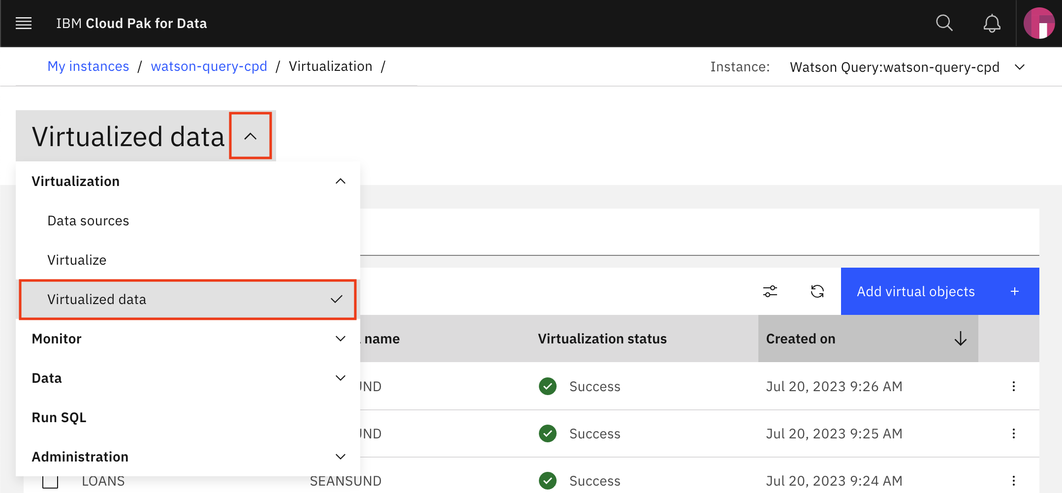 Menu - Virtualize data