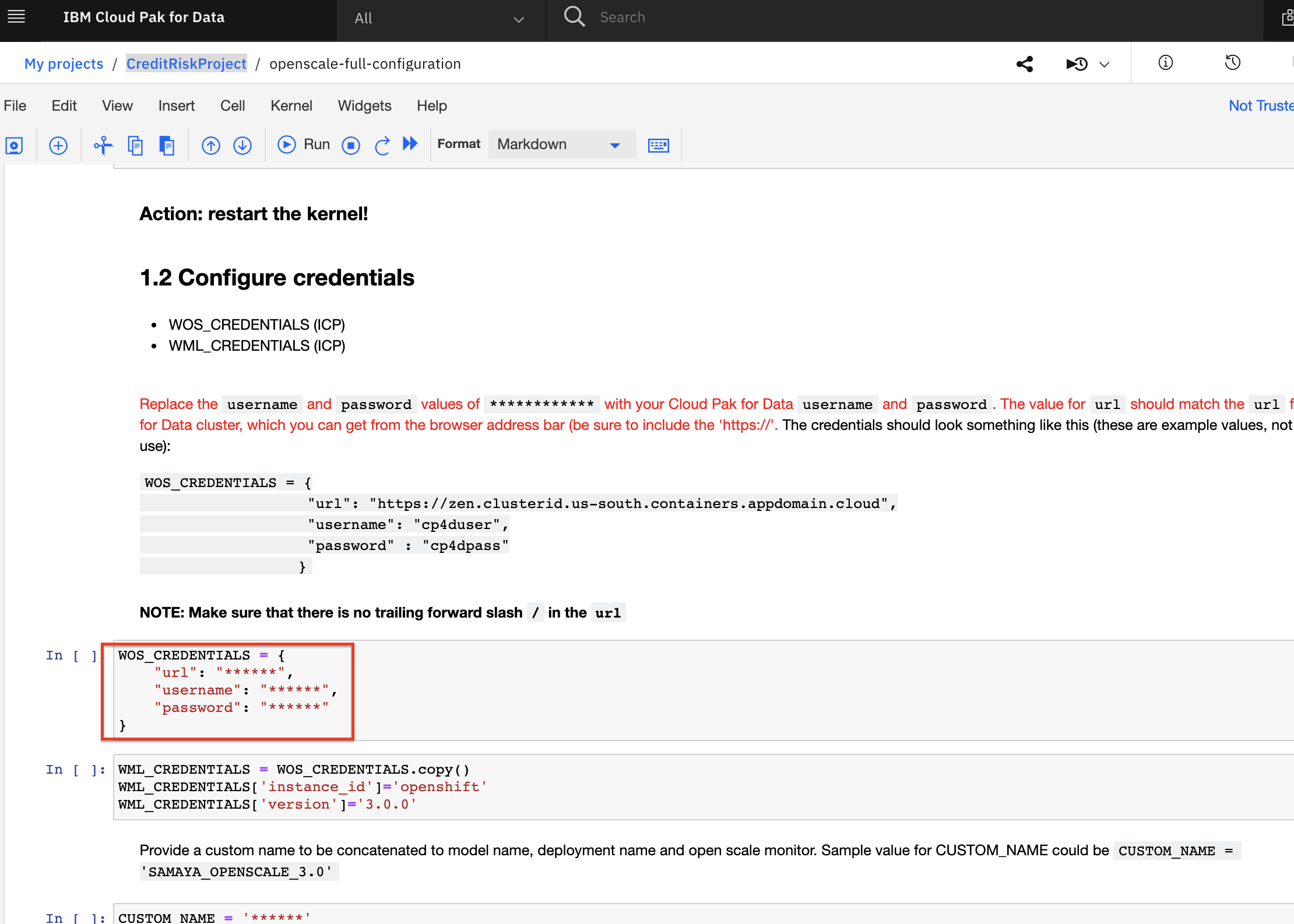 Edite notebook credentials