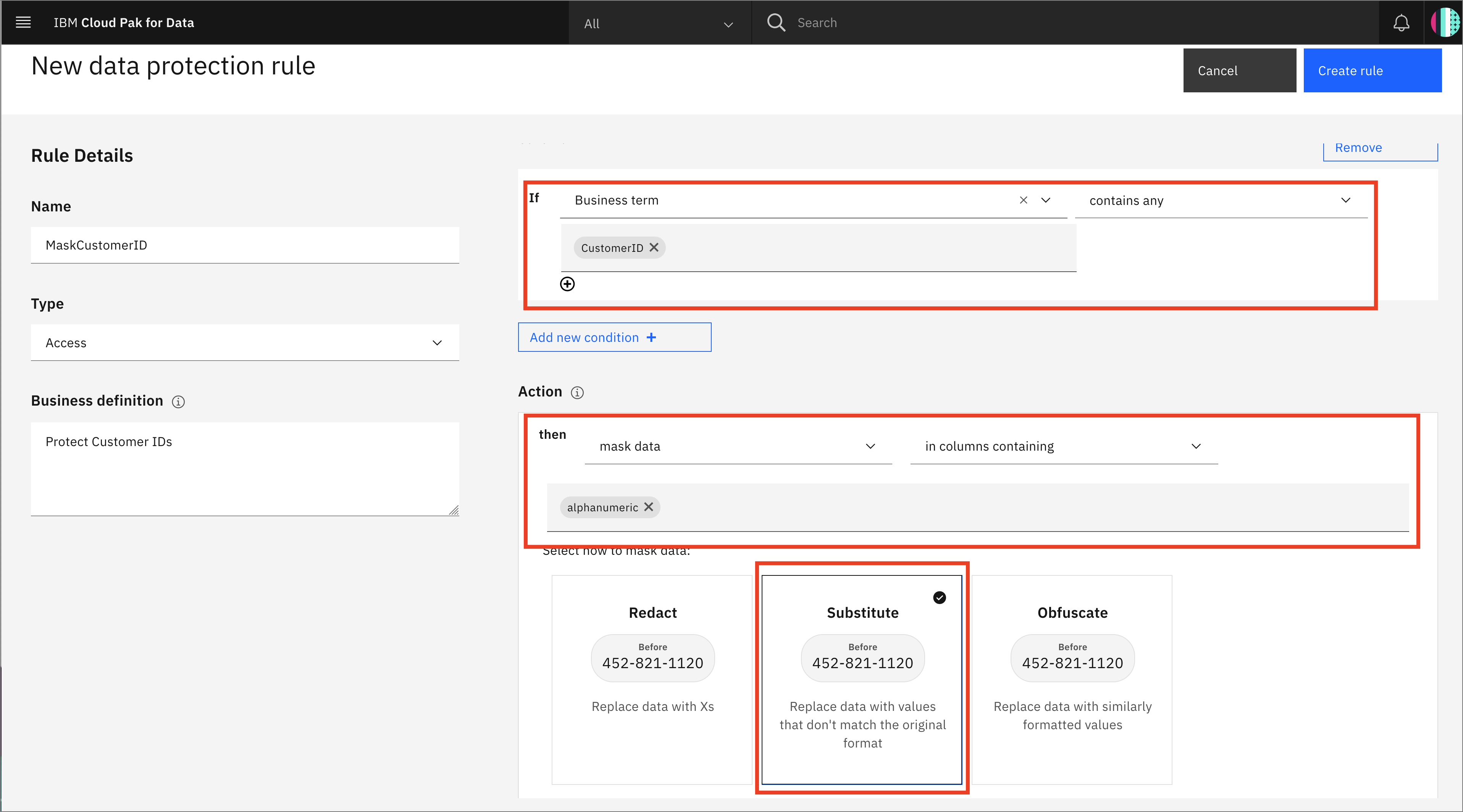 define rule for masking customerID