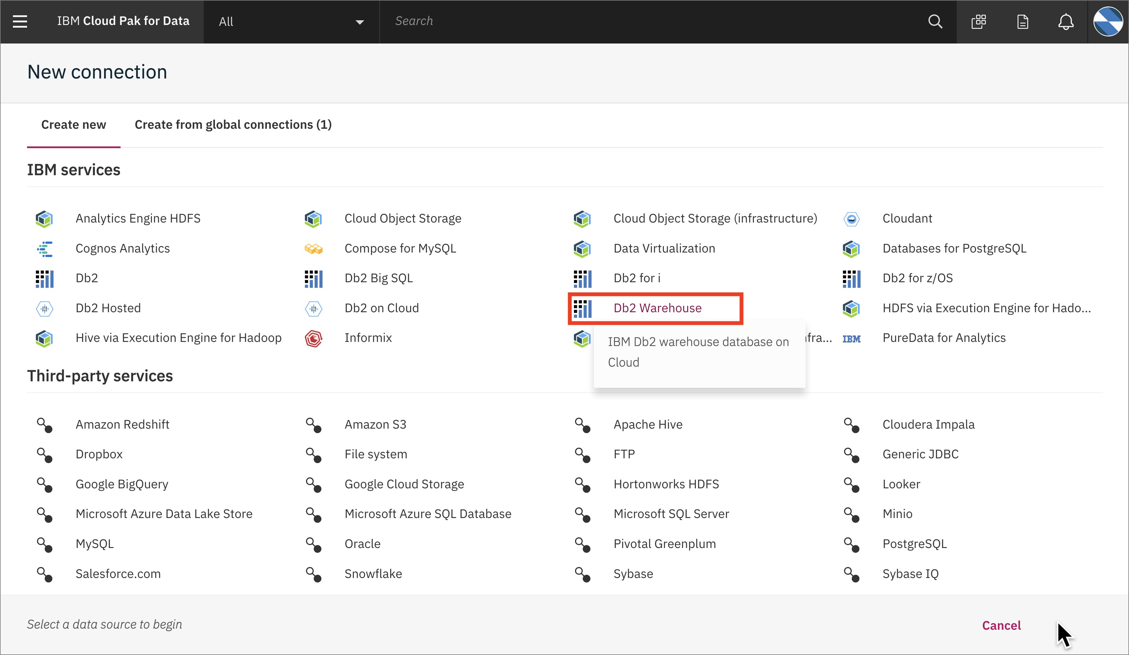 chose db2 warehouse connection 