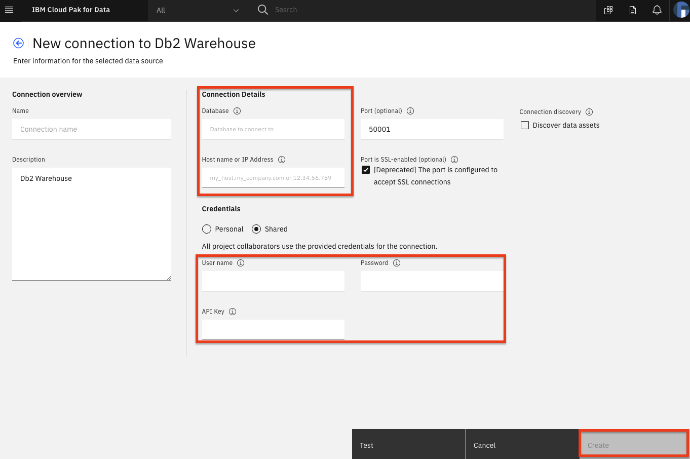 enter db2 warehouse connection details